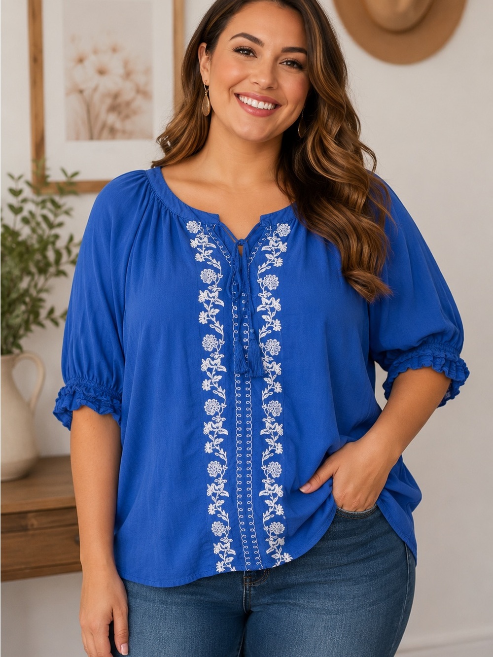 Lane Bryant Royal Blue Embroidered Peasant Tunic